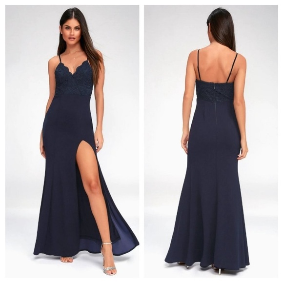 Lulu's Leandra Navy Blue Lace Maxi Mermaid Dress - Picture 1 of 10